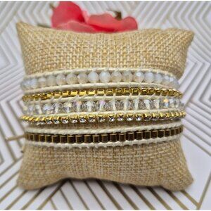 Victoria Emerson Gold & White Beaded Rhinestone Wrap Bracelet 23" Boho Casual
